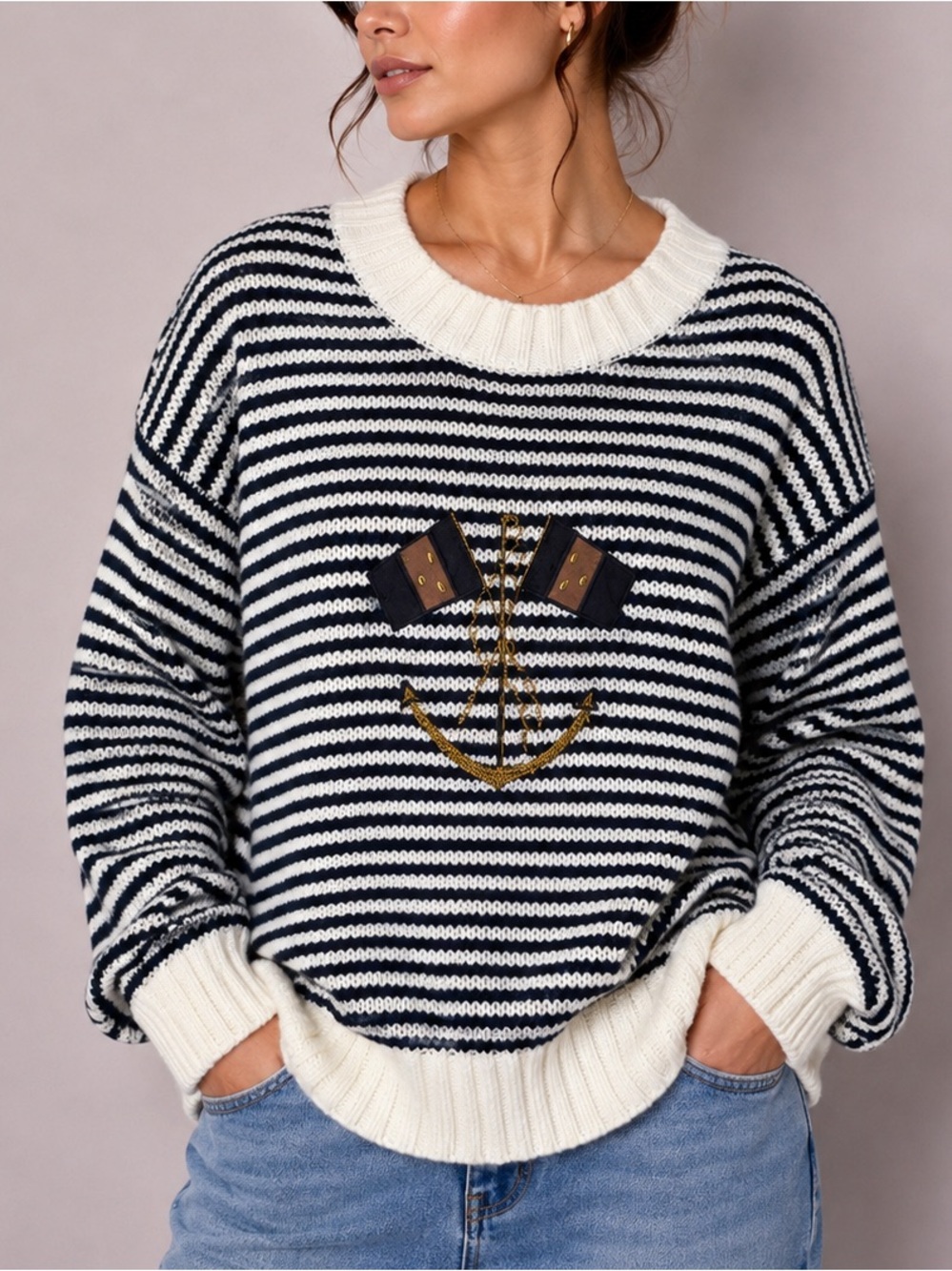 Vintage Sweater Nautical Striped Black and White Anchor Sweater Knit Preppy Warm